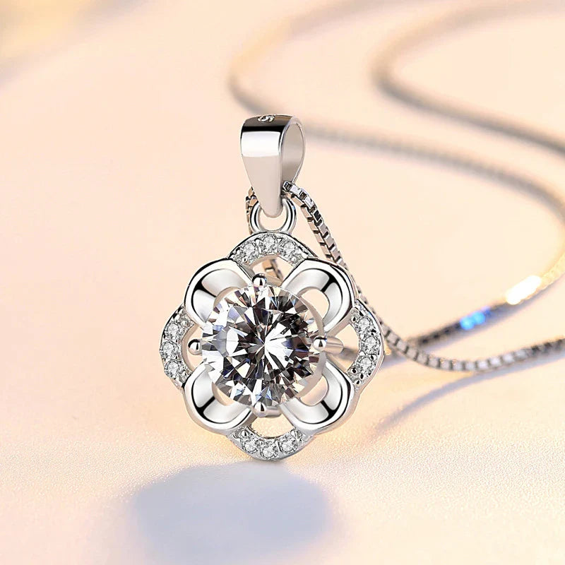 925 Sterling Silver Flower CZ Pendant Necklace