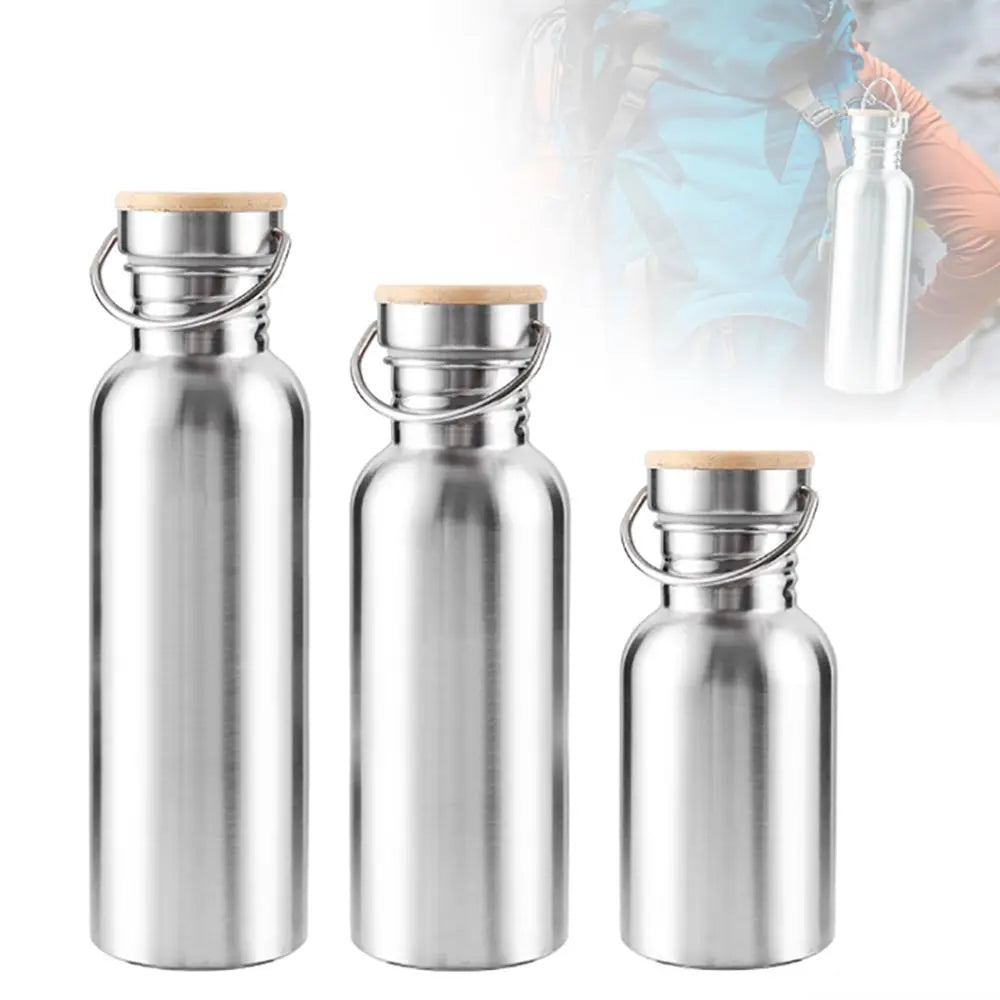 Silver Single Wall Water Bottle 304 Stainless Steel Water Bottles Portable Leak-Proof Bamboo Lid Insulated Metal Flask