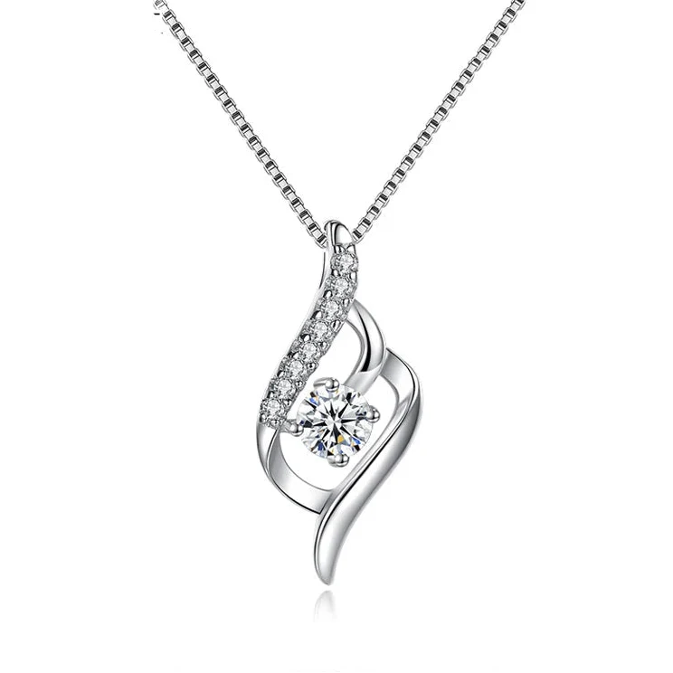 925 Silver Feather Zircon Pendant Necklace