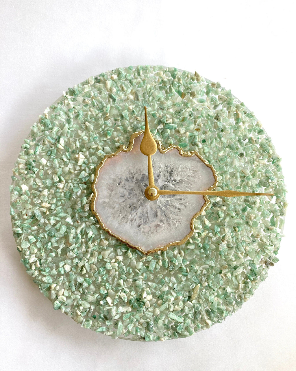 10" Diameter Large Light Green Crystal With White Agate Wall Clock