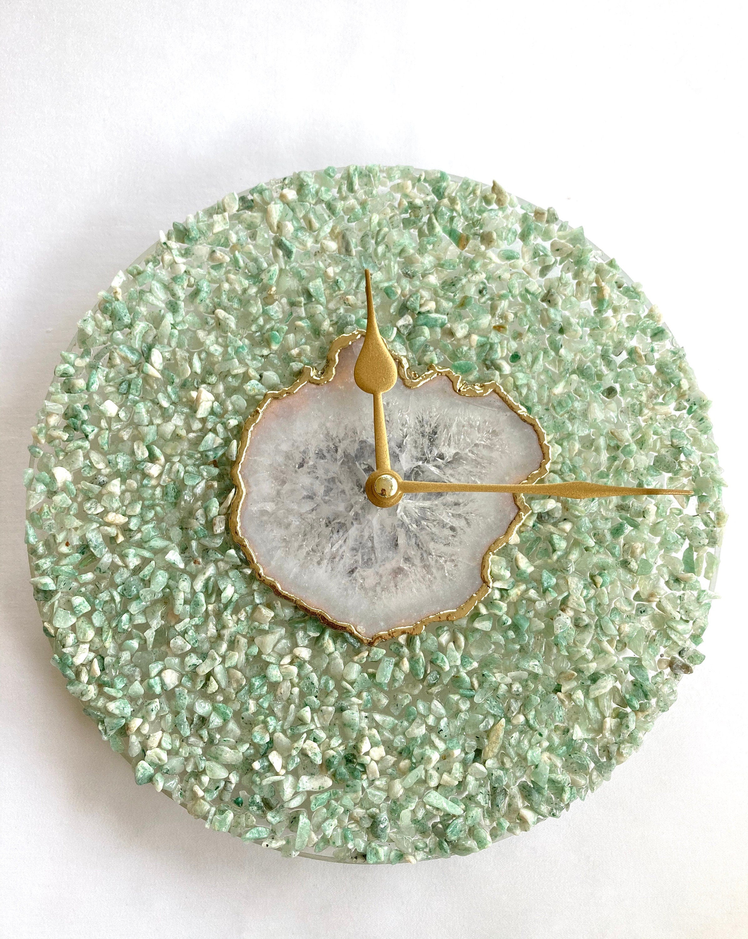 10" Diameter Large Light Green Crystal With White Agate Wall Clock