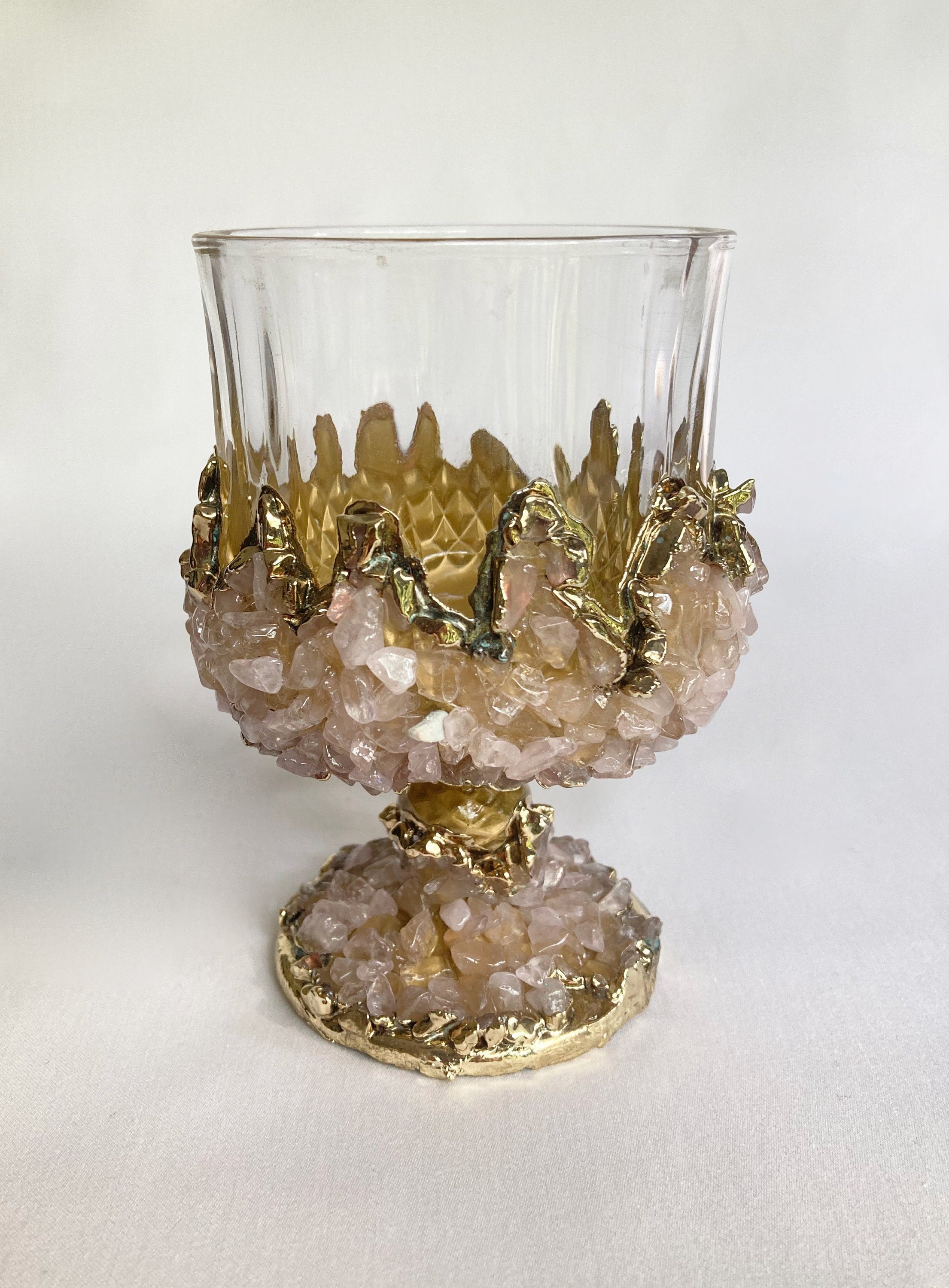 Set of 2 |Crystal Wine Glasses with Gold Plated Rose Quartz Agate/Quartz Semi-precious Crystals | 7 oz/210 ml