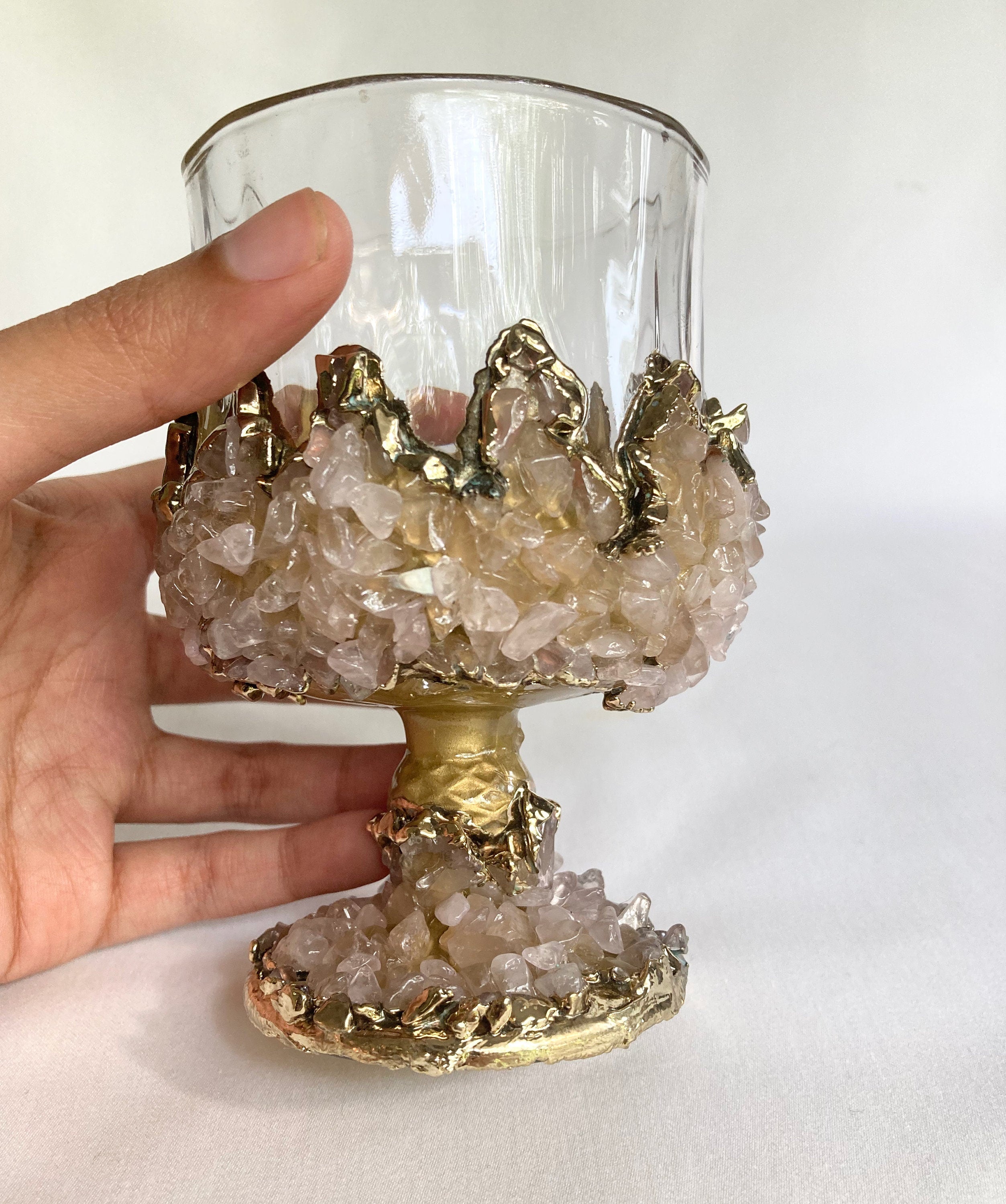 Set of 2 |Crystal Wine Glasses with Gold Plated Rose Quartz Agate/Quartz Semi-precious Crystals | 7 oz/210 ml