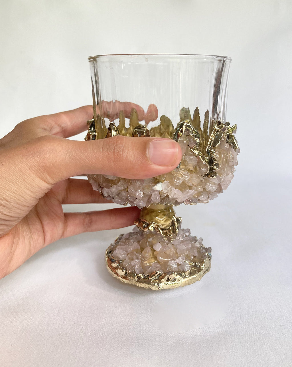 Set of 2 |Crystal Wine Glasses with Gold Plated Rose Quartz Agate/Quartz Semi-precious Crystals | 7 oz/210 ml