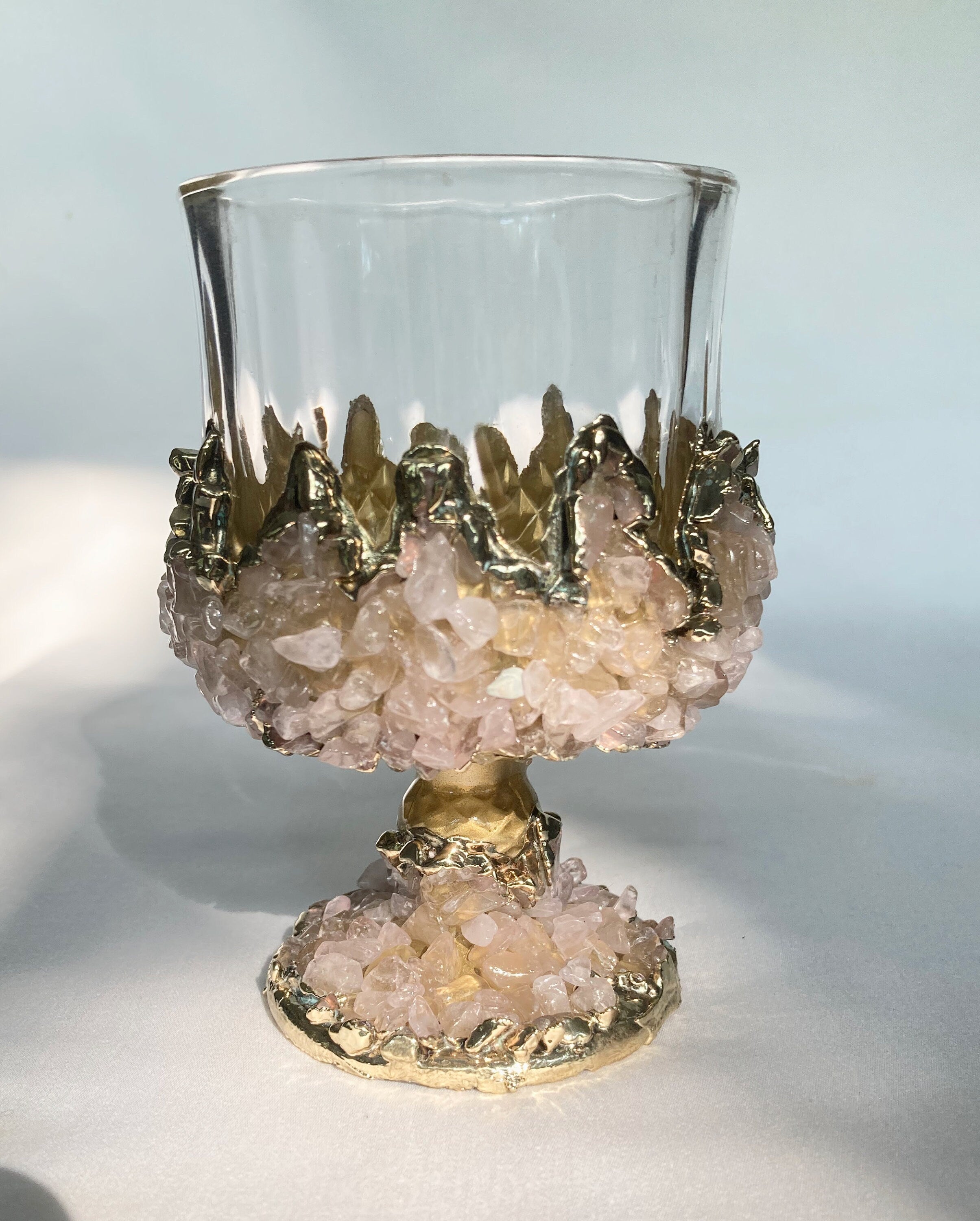 Set of 2 |Crystal Wine Glasses with Gold Plated Rose Quartz Agate/Quartz Semi-precious Crystals | 7 oz/210 ml